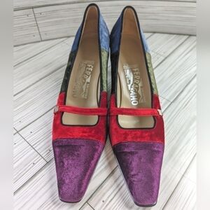 Vintage Salvatore Ferragamo Mary Jane Kitten Heels in Velvet Colorblock Size 7.5